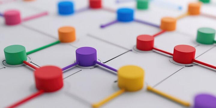 Successful project management timeline concept. Colorful geometric shapes connected by lines on a grid background.