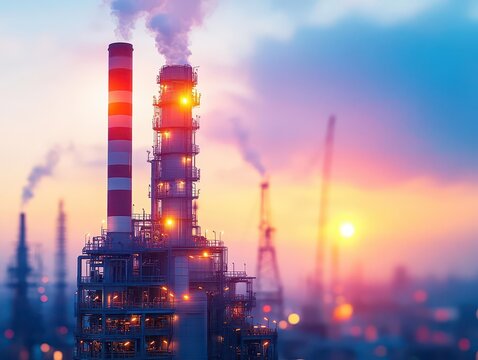 A towering oil and gas factory at twilight, illuminated by bright industrial lights, steam rising into a dusky sky, surrounded by silhouettes of cranes and a bustling cityscape