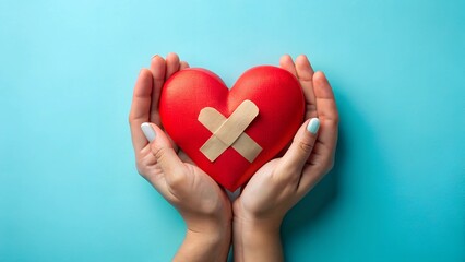 Fototapeta premium Broken Red Heart with Bandage and Blue Hands – Heartbreak and Healing Concept