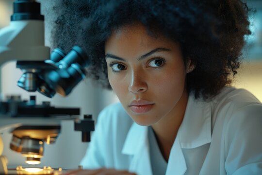 A focused female scientist intently using a microscope during research in a laboratory setting. - Powered by Adobe