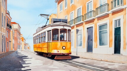 Naklejka premium Vintage Yellow Tram in Scenic City Street with Colorful Buildings