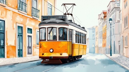 Vintage Yellow Tram in European Street Setting with Art Style