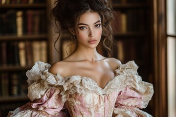 Fototapeta premium Elegant young woman poses in a vintage gown in a classical library filled with books during golden hour sunlight