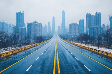 Obraz premium A wide, empty road stretches towards a misty skyline, revealing towering buildings amidst a somber, winter atmosphere. Perfect for urban, travel, or city landscapes.