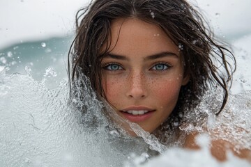 Fototapeta premium Young woman splashing in ocean waves during cloudy day with beautiful blue eyes and wet hair