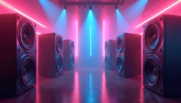 Group of audio speakers in nightclub with neon lights. Loudspeaker for concert performance, stage. Sound equipment, modern stereo amplifier, dj, rave, dance, music festival. Electronic, futuristic,