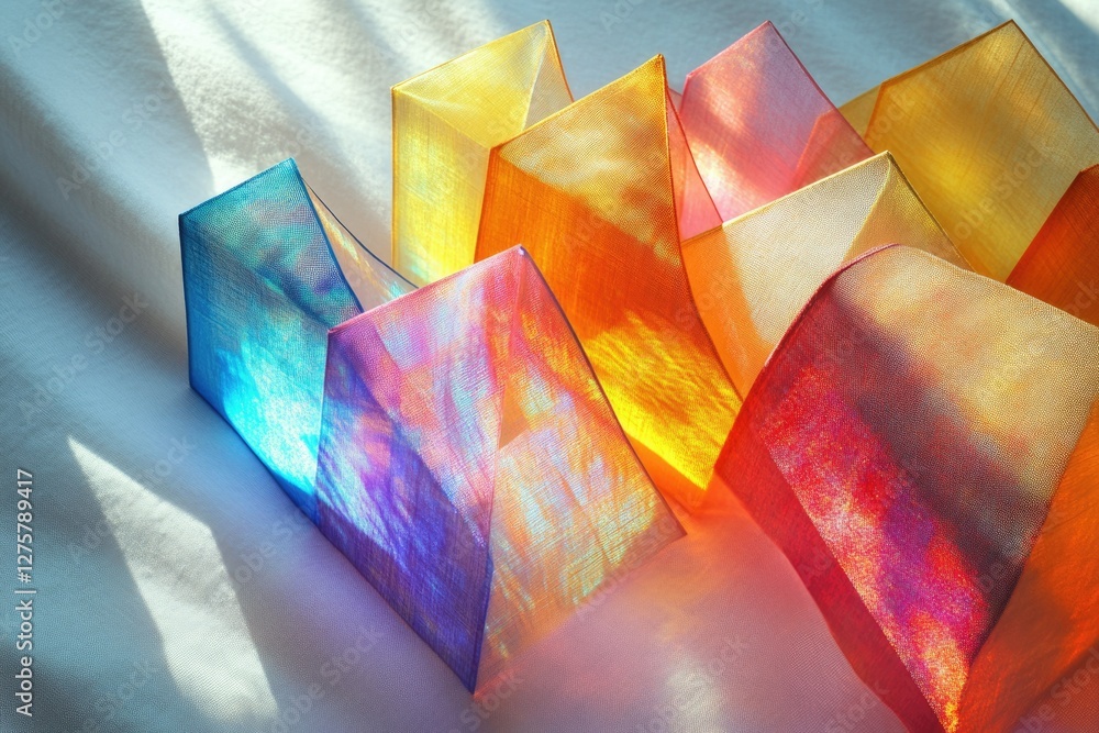 Poster colorful translucent fabrics arranged in geometric shapes, illuminated by sunlight, creating vibrant