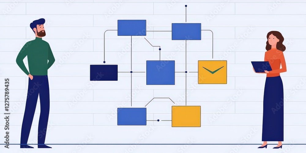 Aufkleber successful project management timeline concept. two people discussing a flowchart with colorful boxe