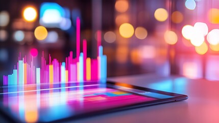 Digital tablet displaying vibrant data visualization amidst a blurred urban nightlife background