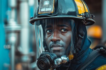 Fototapeta premium Firefighter preparing for action in full gear at an emergency scene during dusk under clear skies