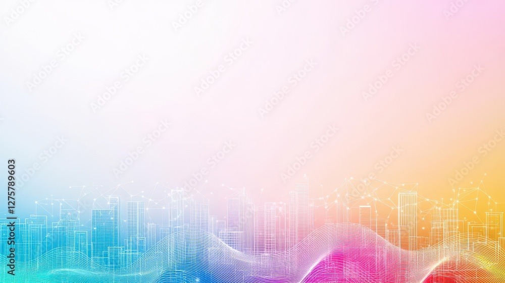 Aufkleber A vibrant smart cityscape with abstract dot connections, featuring gradient lines and intricate wave designs, conveying the essence of big data technology and connectivity