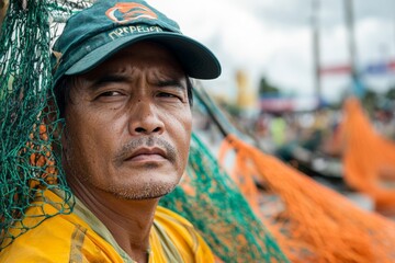 Fisherman resting near his nets at a bustling market in a coastal town during the mid-afternoon hours