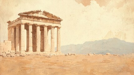 Obraz premium Ancient Temple Ruins Under Soft Sky with Mountains in Background