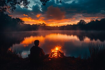 Obraz premium Person enjoying a serene sunset by a tranquil lake with a glowing campfire