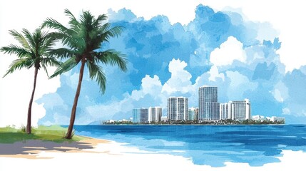 Scenic Coastal Landscape with Palm Trees and Urban Skyline Background