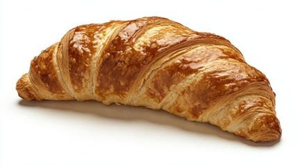 Freshly baked golden croissant resting on a clean surface, showcasing its flaky layers and texture