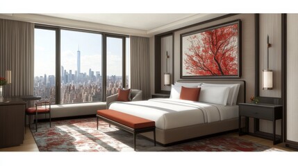 Obraz premium Luxury Hotel Room with City View and Modern Design Aesthetic