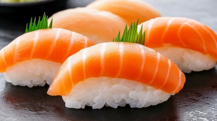 Freshly prepared salmon sushi arranged neatly on a dark slate plate with green garnishes