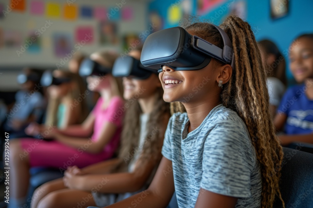 Poster Children exploring virtual reality technology in a classroom setting during an educational session