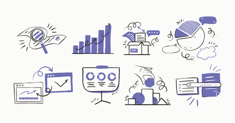 Business and finance hand-drawn icons set. Sketch-style illustrations of financial growth, data analysis, investment, and digital marketing. Flat vector doodle collection for business presentations