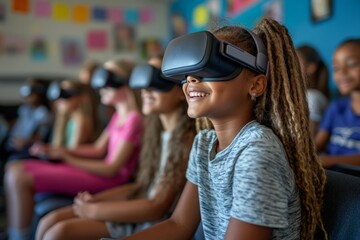 Children exploring virtual reality technology in a classroom setting during an educational session