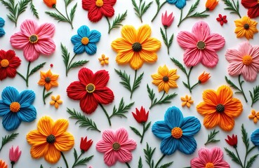 Obraz premium Colorful floral pattern backdrop featuring red, pink, yellow, blue flowers with green leaves. Hand-made textile art. Folk decorative design with mixed textured stitches. Tapestry art concept.