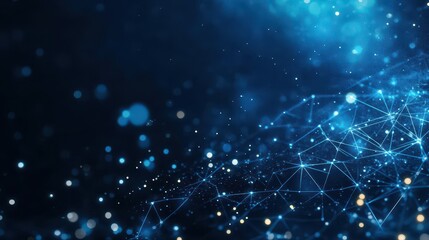 Abstract dark blue background with sparkling light particles, creating a sense of depth Lines and grids emerge from the glowing particles, evoking a futuristic, digital atmosphere