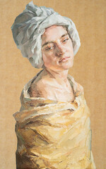 .GIRL with a scarf on her head. Portrait of a woman on a cardboard background. Oil painting on canvas.