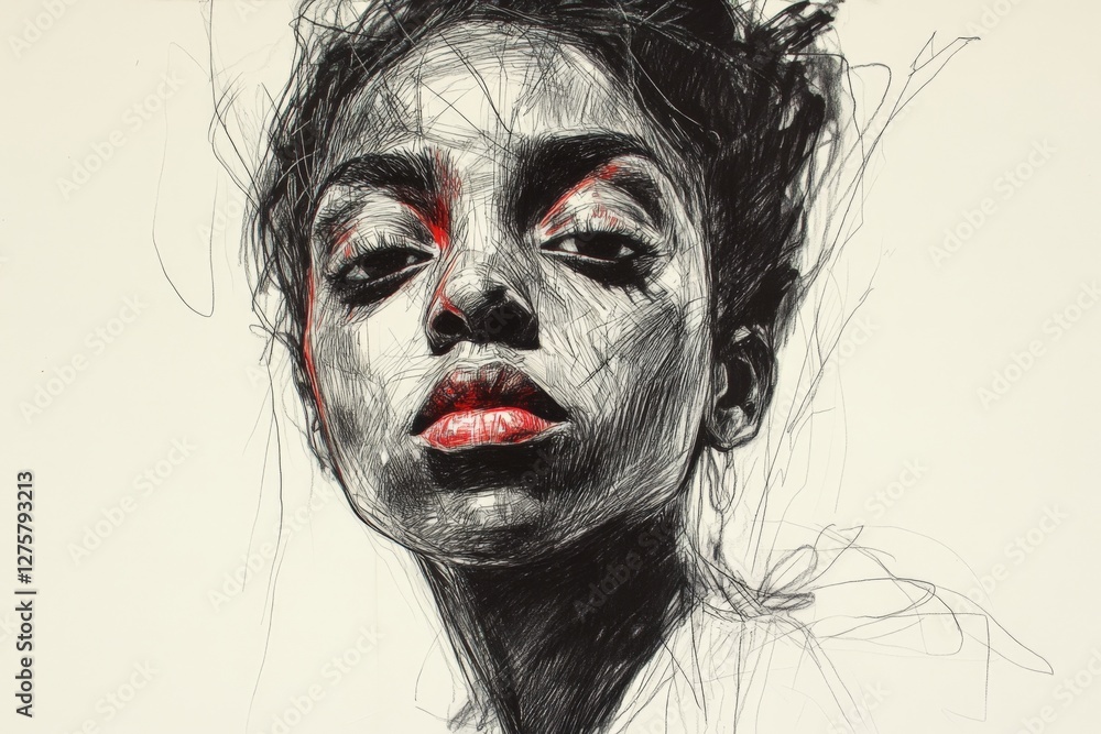 Poster expressive portrait of a young woman showcasing intricate line art and bold color contrasts with a d