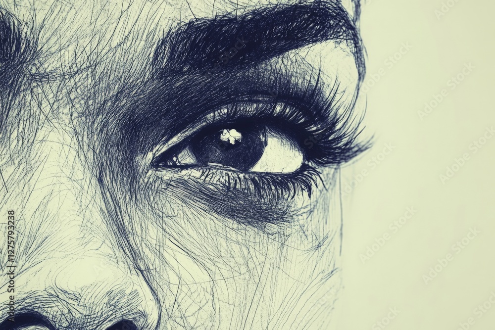 Poster Close-up view of a highly detailed drawing showcasing expressive eye features and intricate line work