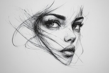 Fototapeta premium Intricate black and white sketch of a woman's face highlighting expressive features and flowing hair