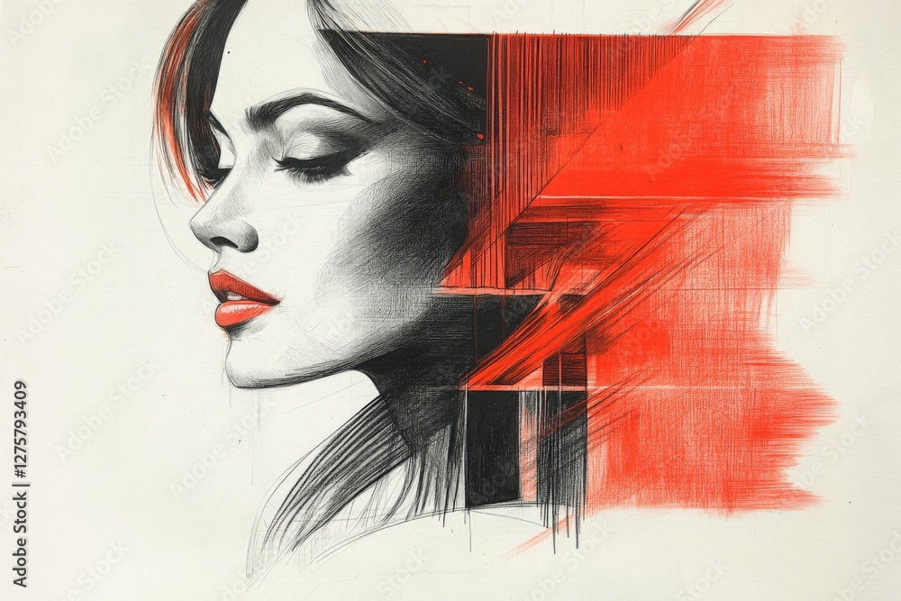 Poster artistic portrait of a woman with bold colors and abstract elements, showcasing creativity and emoti