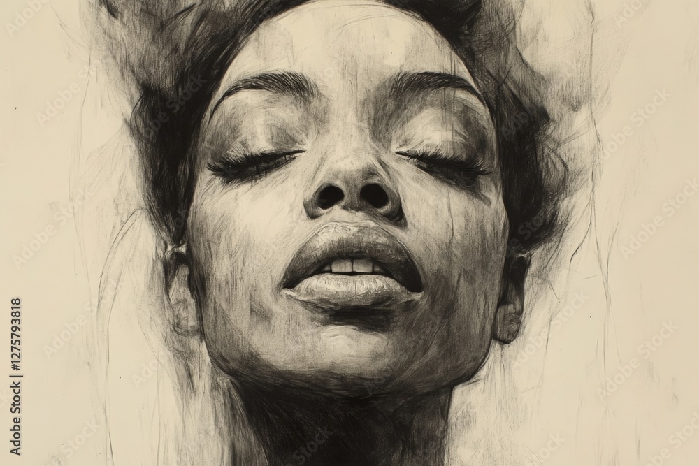 Poster portrait of a serene woman with closed eyes and gentle expression in a detailed artistic rendering