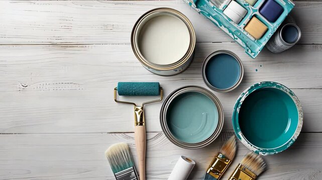 Colorful cans of paint and brushes are arranged neatly, showcasing the artistic process of selecting hues for a project