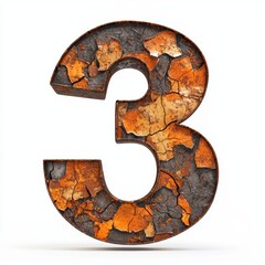 Number 3 made of corroded rusted metal with flaking orange texture isolated on a clean white background