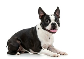 Boston Terrier dog, on white background, sitting