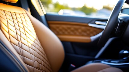 Luxurious car interior with quilted leather seats and soft sunlight illuminating the cabin