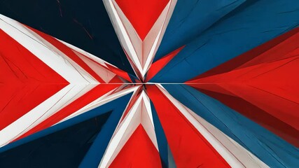 Video footage of abstract, geometric pattern with intersecting red, white, and blue triangular shapes, resembling a stylized , creating a sense of movement and depth.