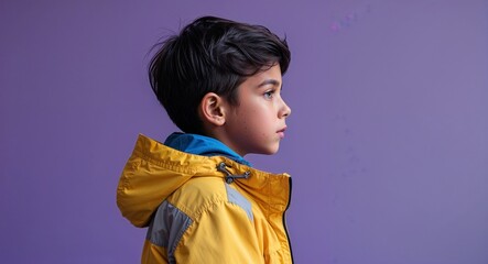 Kid Hispanic boy in plain purple background brown boots side view portrait