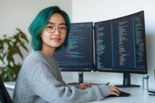 A young woman with teal hair codes on dual monitors, showcasing a modern tech workspace.