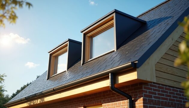 Modern black roof with open skylight window for spring architecture. Eco home design, natural sunlight, blue sky, brick house, elegant contemporary style construction.