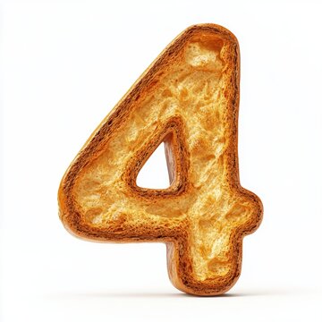 Number 4 made of crusty golden bread with a soft fluffy interior isolated on a clean white background