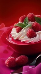 A Captivating Raspberry Dessert Experience: Exquisitely Whipped Cream and Fresh Berries