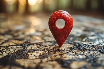 A vibrant red location pin stands prominently on a textured surface, reflecting a warm glow. Ideal for travel and navigation themes, this image conveys direction and discovery.