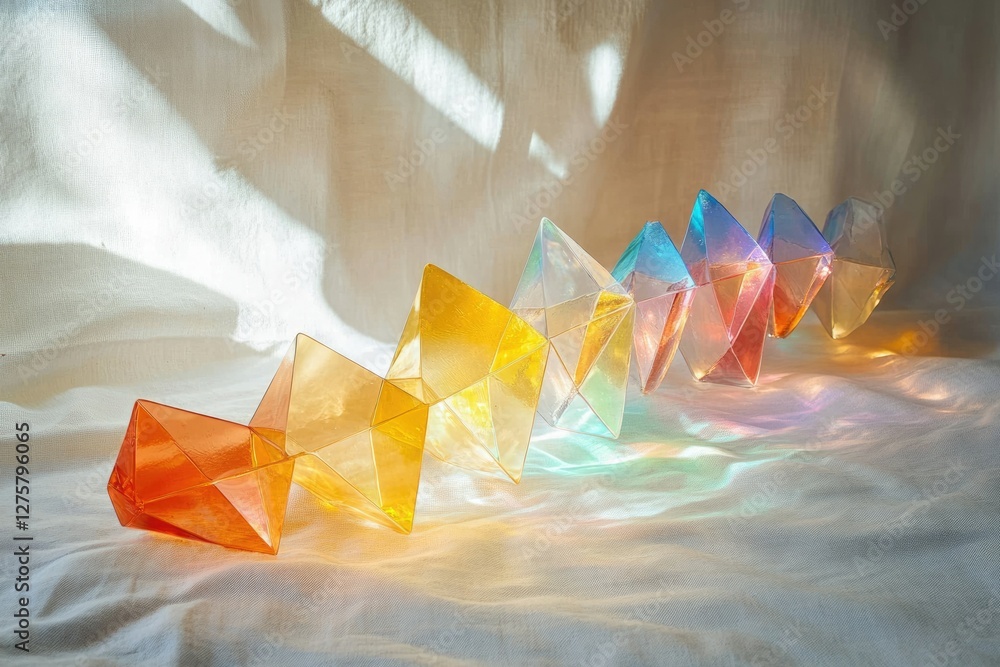 Poster a vibrant array of colorful, geometric glass sculptures arranged in a flowing sequence on a textured