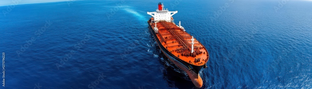 Poster aerial view of a large cargo ship navigating through the open ocean waters