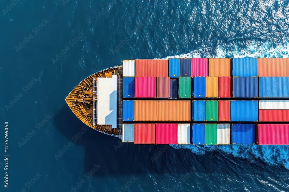 Poster aerial front view of a loaded container cargo vessel traveling over calm ocean