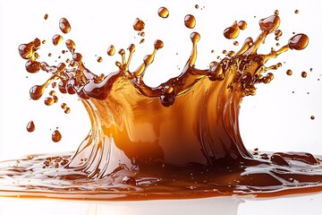 A dynamic splash of brown liquid against a clean white background, capturing the energetic motion and vibrant droplets of the liquid. Perfect for food and beverage themes.