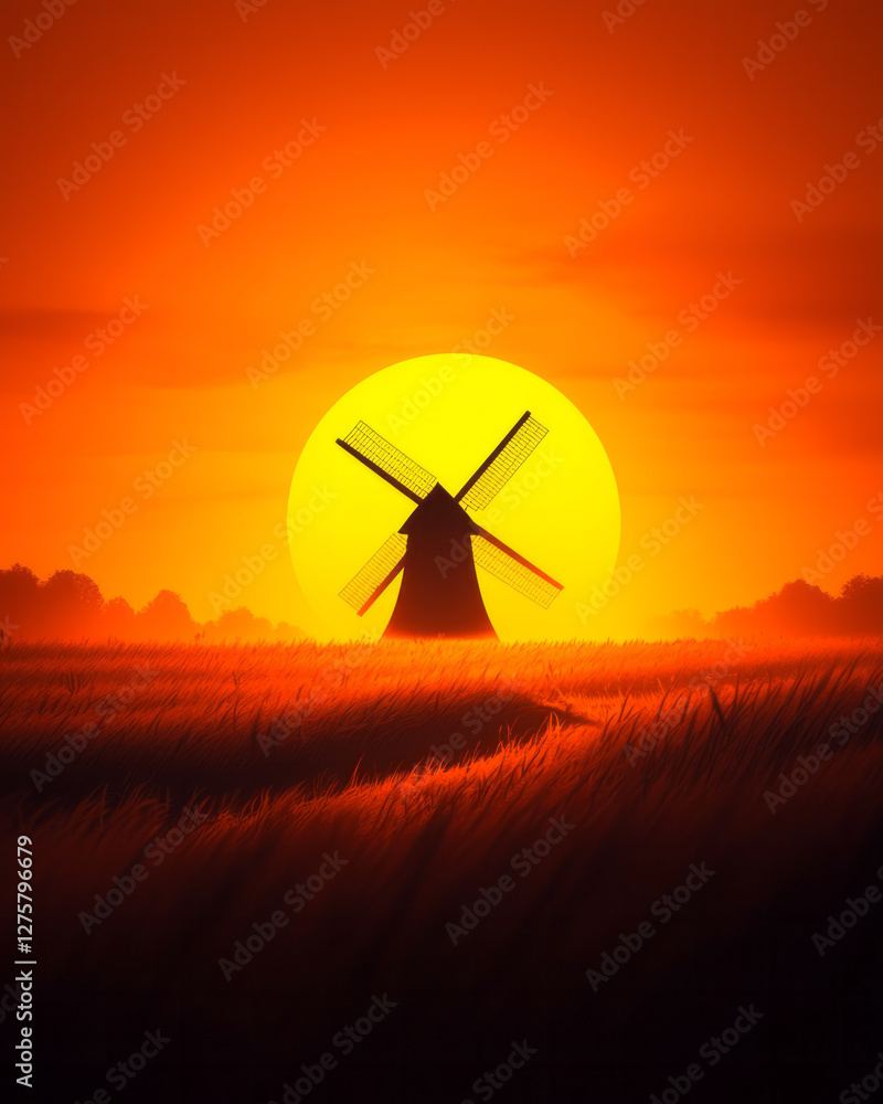 Aufkleber a cinematic capture: the windmillâ€™s edges highlighted in a subdued orange, while the rest of its