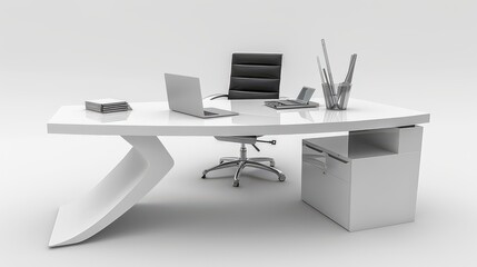 Minimalistic white office desk with a sleek laptop.